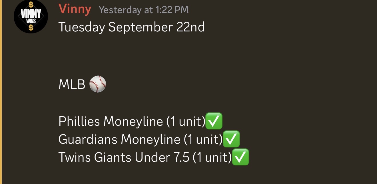 VinnyWins results from September 22