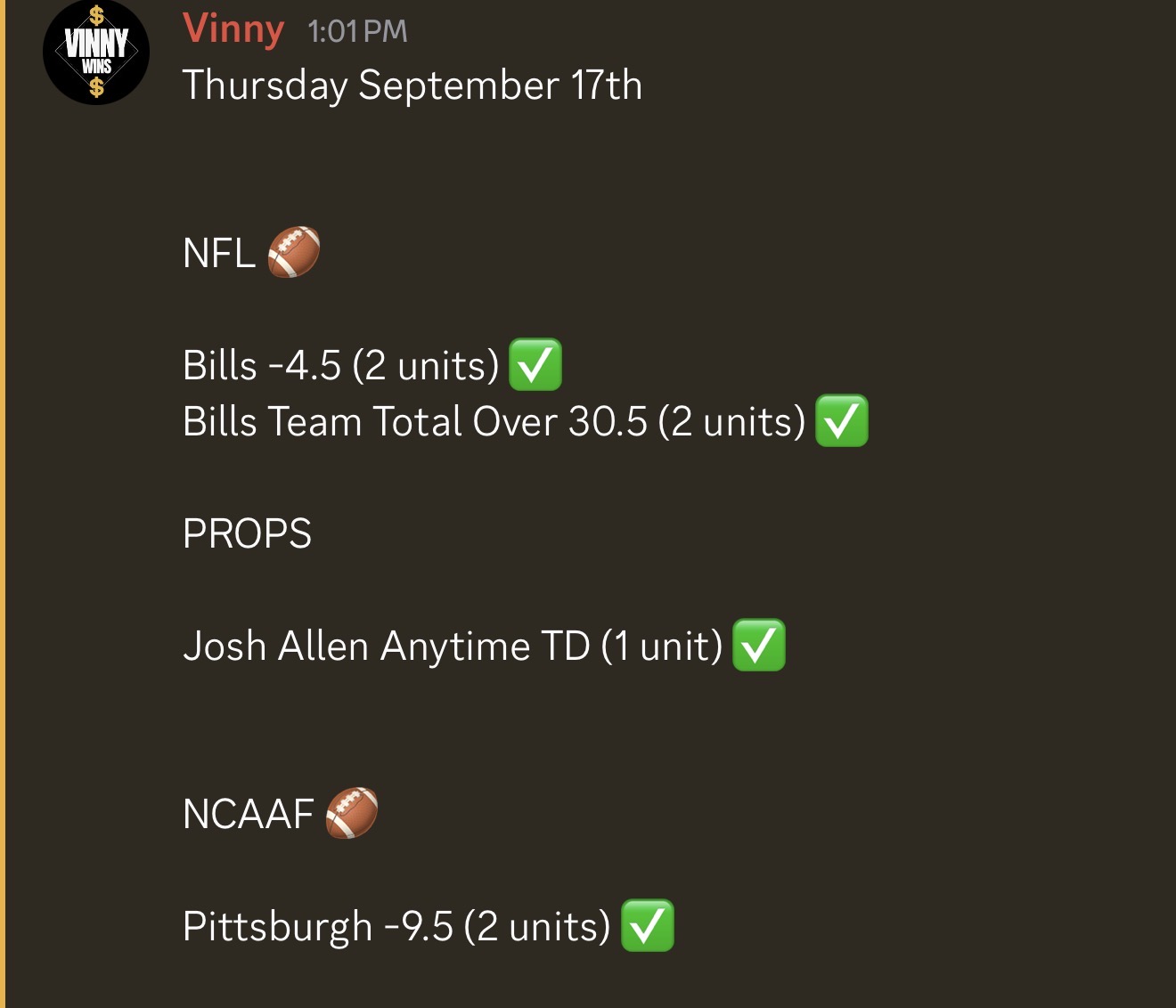 VinnyWins results from September 17