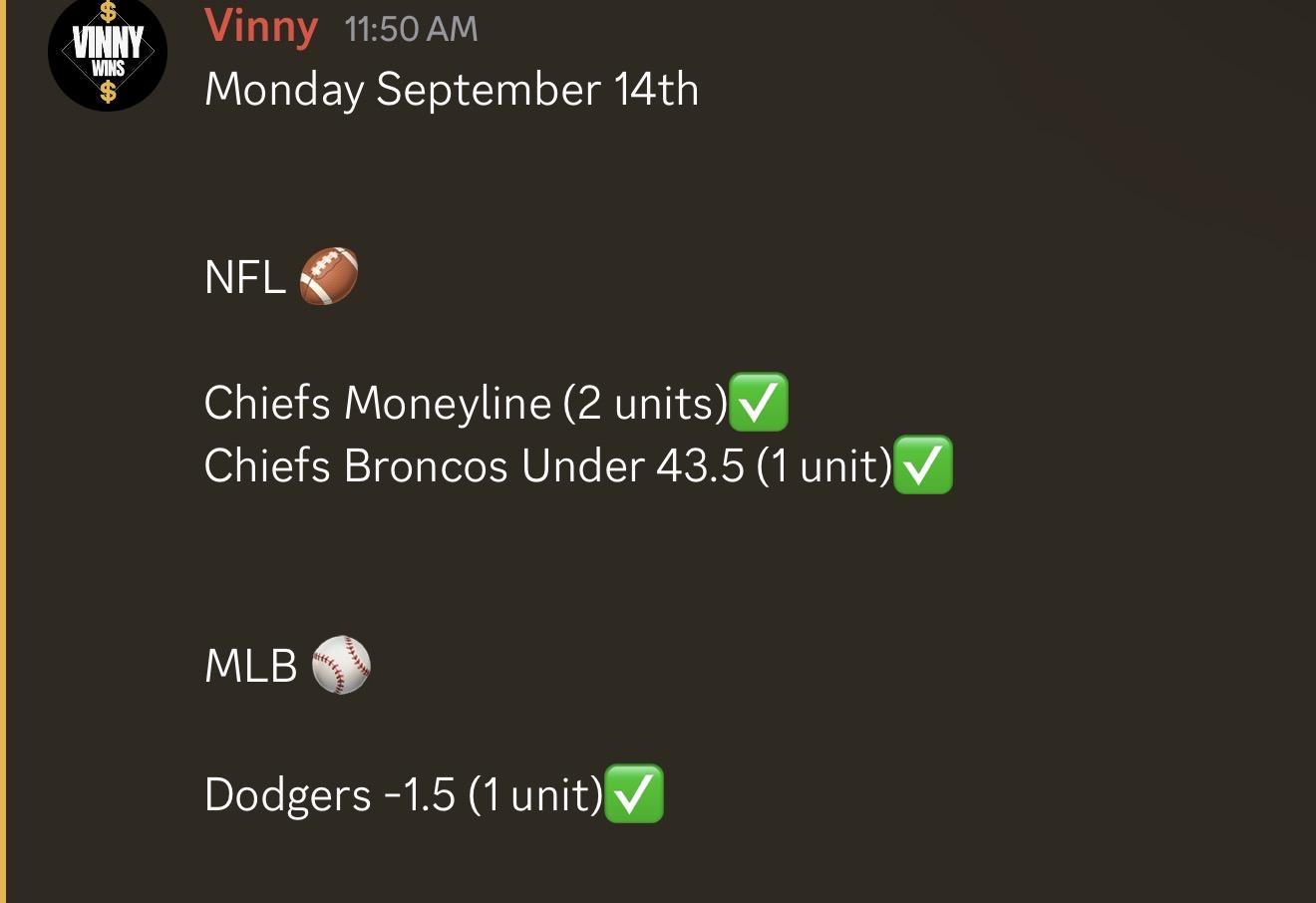 VinnyWins results from September 14