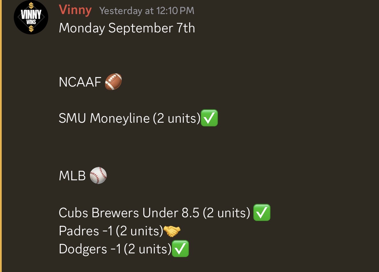 VinnyWins results from September 7