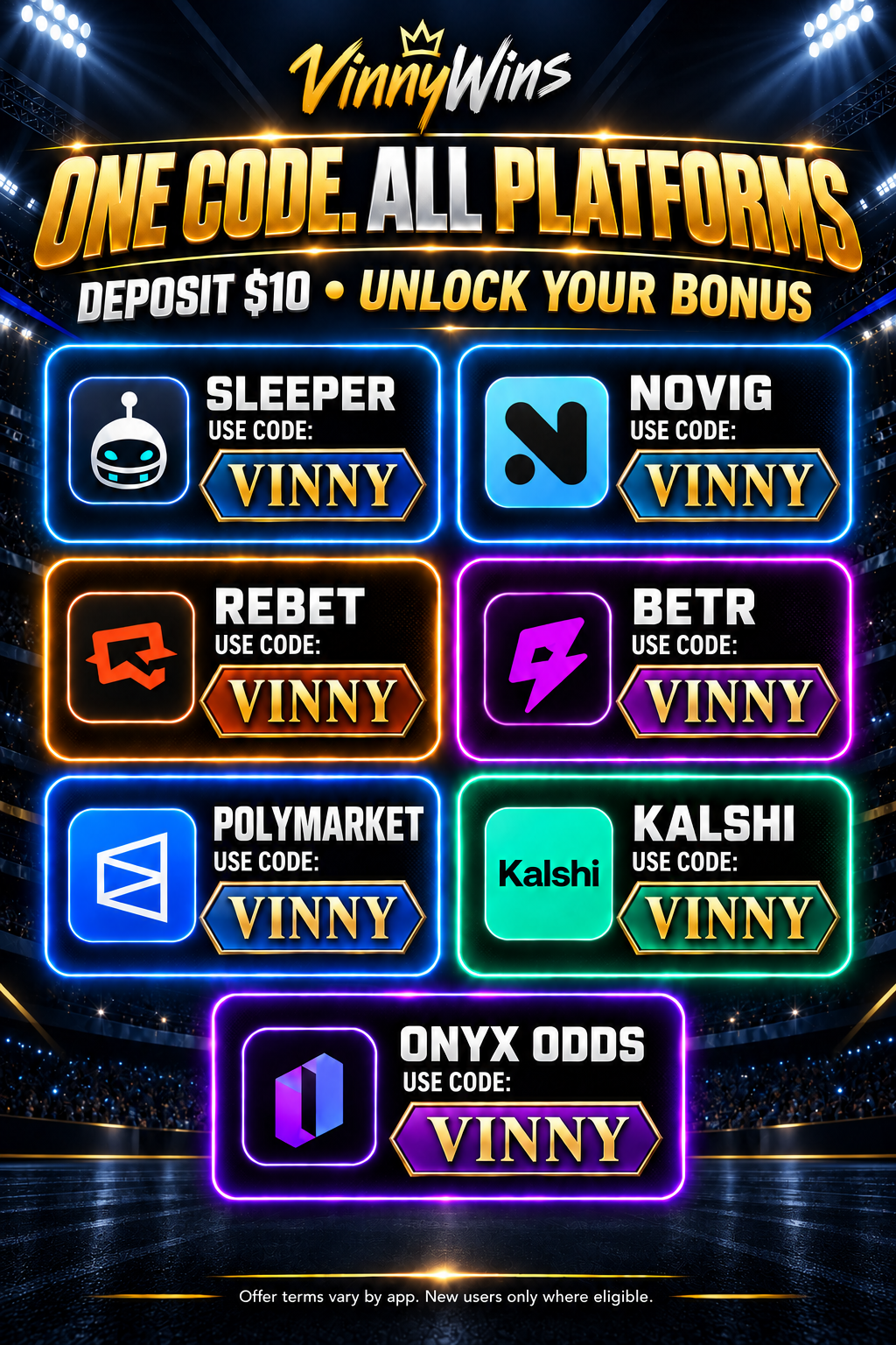 VinnyWins partner platforms featuring promo code VINNY